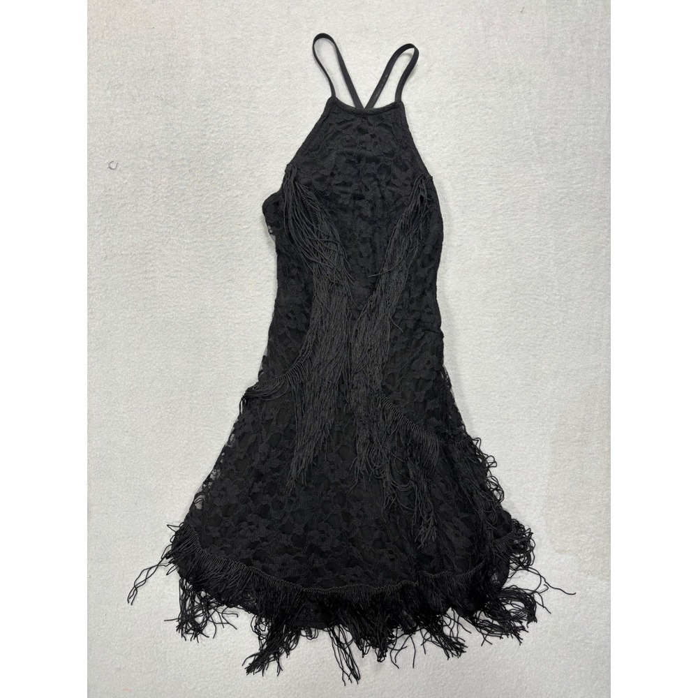 ASOS Dress Size 0 Black Lace Fringe Halter Open Back Cocktail Mini Dress New